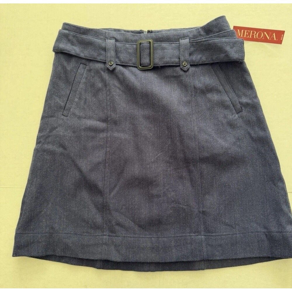 New Merona Women Belted Wool-Blend A-line Skirt Blue 10 Academia Career Classic